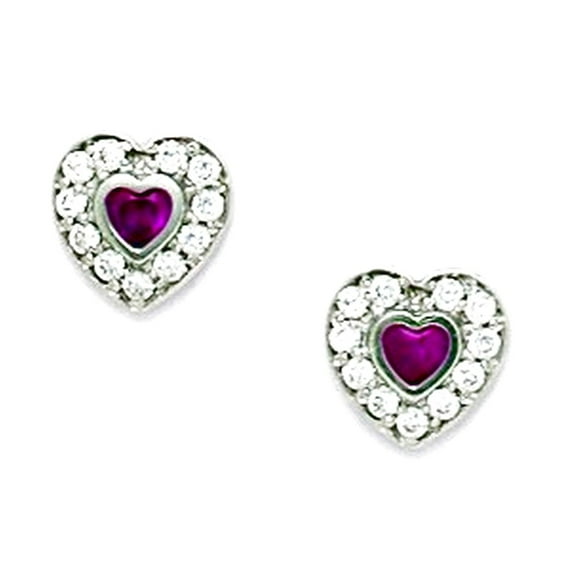 925 Sterling Silver Rhodium Plated July Red 3x3mm CZ Love Heart Screw Back Earrings 8x8mm Stud Earring for Women