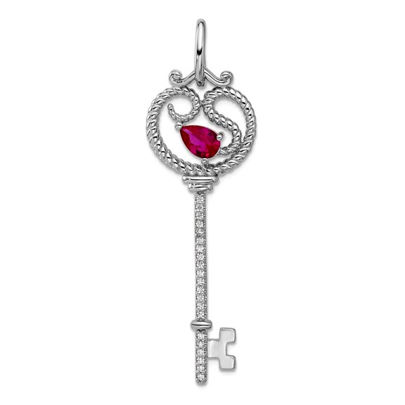 925 Sterling Silver Rhodium Plated Key With Pink Cubic Zirconia Pendant Necklace 48.6x14.9mm Wide 3.6mm Thick Pendant fo