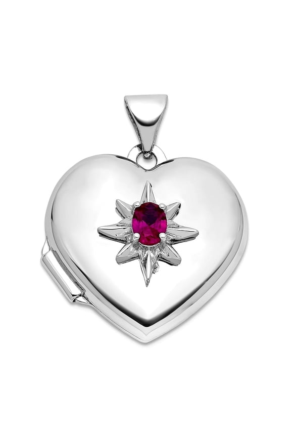 925 Sterling Silver Rhodium Plated Lab Created Ruby 18mm Love Heart Locket Locket Necklace for Women
