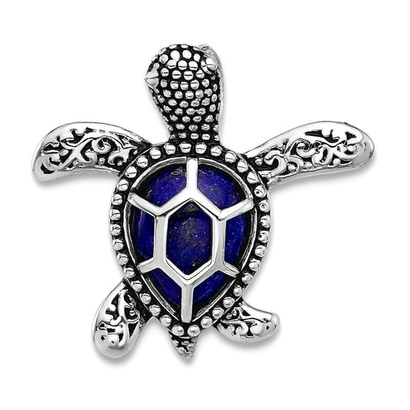 925 Sterling Silver Rhodium Plated Lapis Lazuli Turtle Chain Slide Pendant 17.8x19mm Wide 4.6mm Thick Chain Necklace for