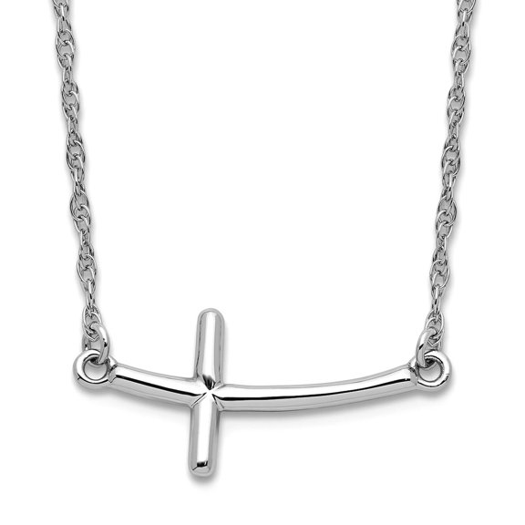 925 Sterling Silver Rhodium Plated Large Sideways Curved Religious Faith Cross Necklace 16 Inch 11.9mm Wide Pendant Neck