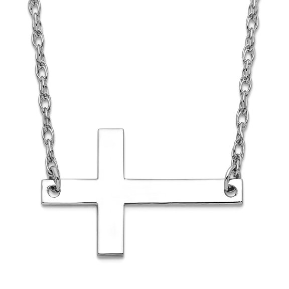 925 Sterling Silver Rhodium Plated Large Sideways Religious Faith Cross Necklace 16 Inch Pendant Necklace for Women
