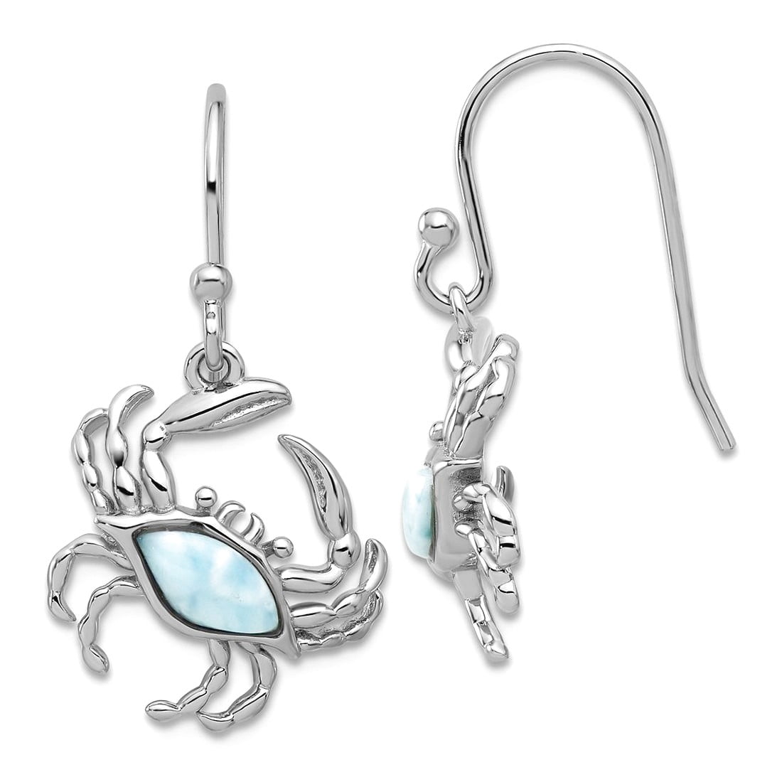 925 Sterling Silver Rhodium Plated Larimar Crab Dangle Shepherd Hook Earrings 28.7x15.5mm Wide Dangle Earring for Women
