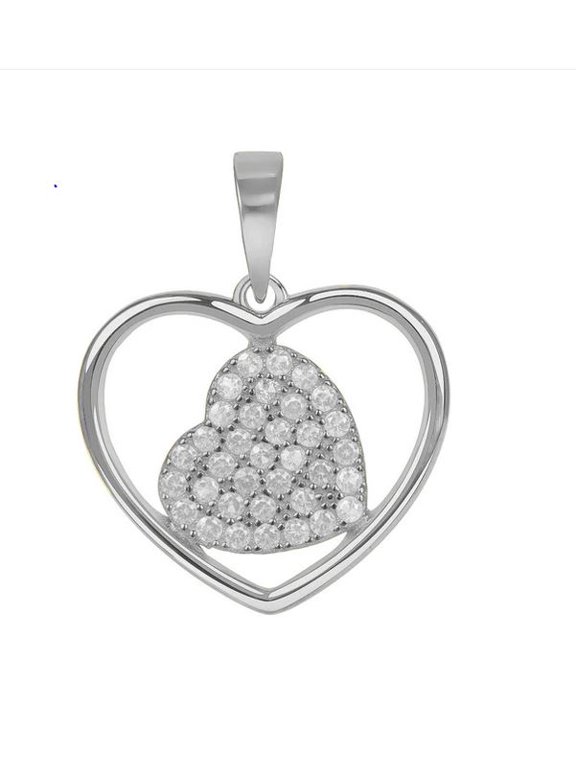 925 Sterling Silver Rhodium Plated Micro Pave Cubic Zirconia Heart in Big Heart Pendant for Women, Italy MST