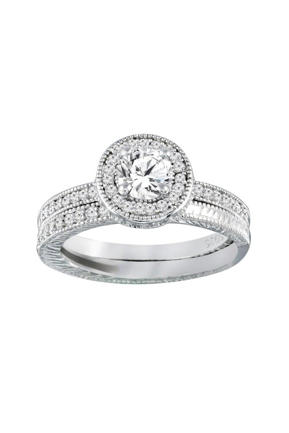 925 Sterling Silver Rhodium Plated Micro Pave Engagement Ring Set White Cubic Zirconia Female Size 5