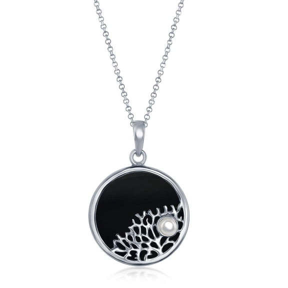 925 Sterling Silver Rhodium Plated Natural Onyx/Lapis Gemstone Round Nature Tree Branch Design with Small Fresh Water Pearl 18’’ Pendant Necklace Jewelry for Women or Teens-Onyx