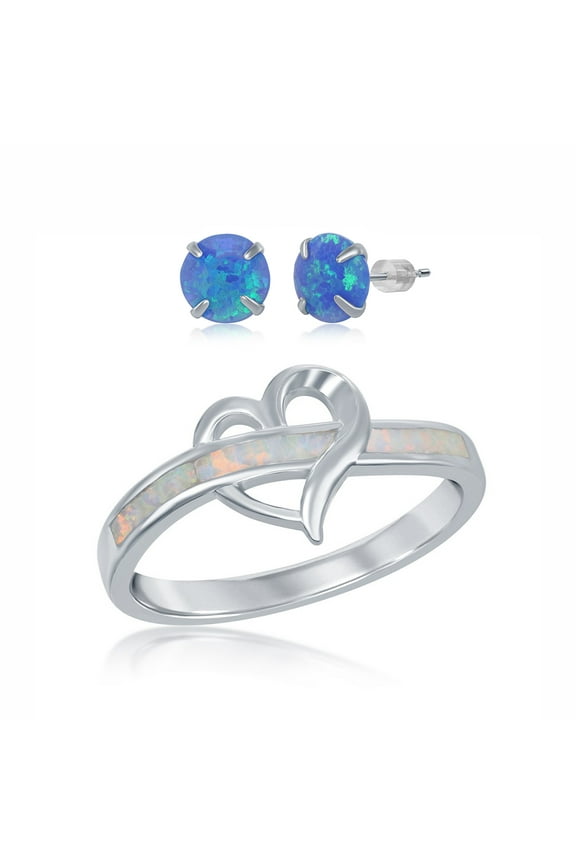 925 Sterling Silver Rhodium Plated Open Heart Created White/Blue Inlay Opal Ring Including 6mm Round Created Blue Opal Stud Earrings Jewelry Set