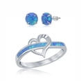 thumbnail image 1 of 925 Sterling Silver Rhodium Plated Open Heart Created White/Blue Inlay Opal Ring Including 6mm Round Created Blue Opal Stud Earrings Jewelry Set, 1 of 5