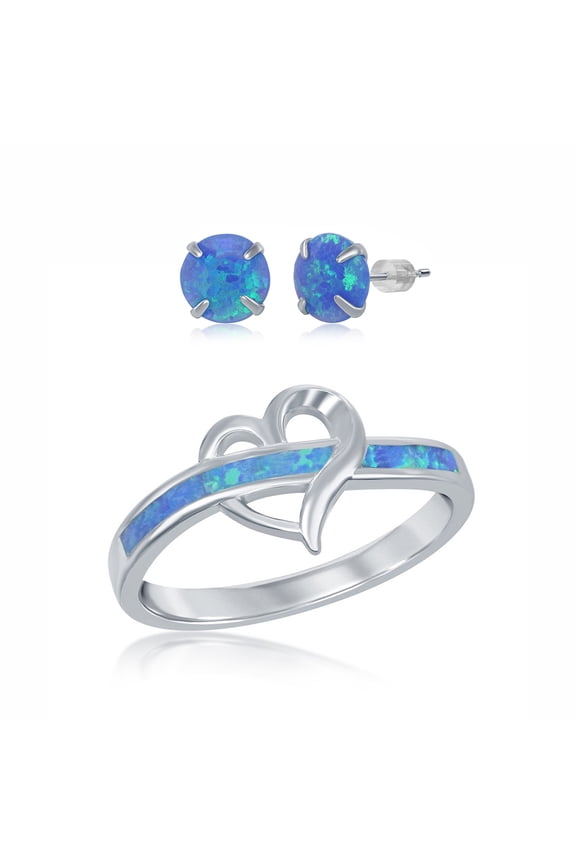 925 Sterling Silver Rhodium Plated Open Heart Created White/Blue Inlay Opal Ring Including 6mm Round Created Blue Opal Stud Earrings Jewelry Set