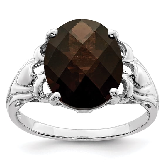 925 Sterling Silver Rhodium-Plated Oval Checker-Cut Smoky Quartz Ring Size 7