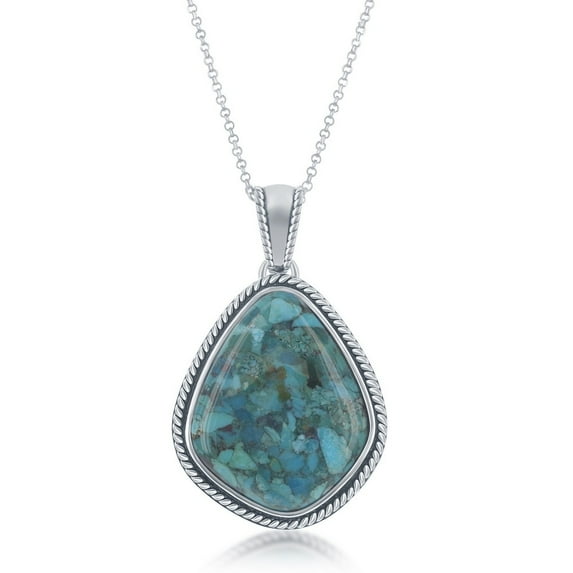 925 Sterling Silver Rhodium Plated Oxidized Antique Large Natural Turquoise Stone with Rope Design Border Shaped 18’’ Pendant Necklace Jewellery for Women or Teens (Natural Turquoise)