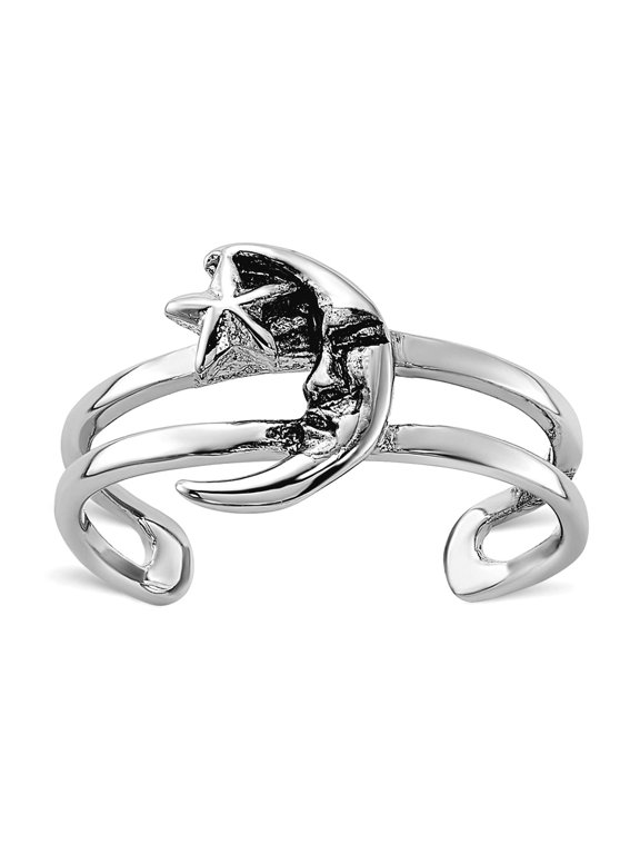 925 Sterling Silver Rhodium Plated Oxidized Celestial Moon and Star toe ring 3.6mm Wide toe ring for Women