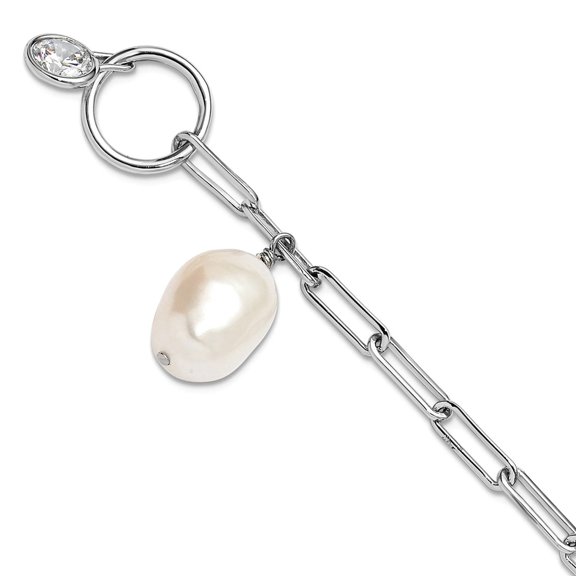 925 Sterling Silver Rhodium Plated Paperclip Cubic Zirconia Fwc Pearl Toggle Bracelet 7.5 Inch 10.5mm Wide Link Bracelet