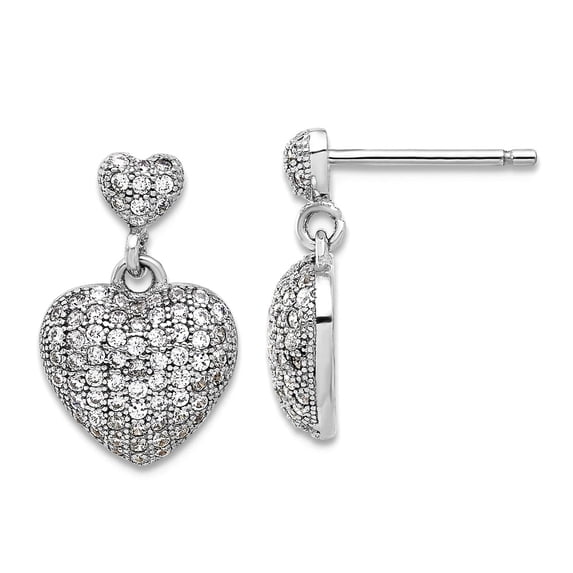 925 Sterling Silver Rhodium Plated Pave Cubic Zirconia Love Heart Dangle Post Earrings 16.6x10.6mm Wide Dangle Earring f