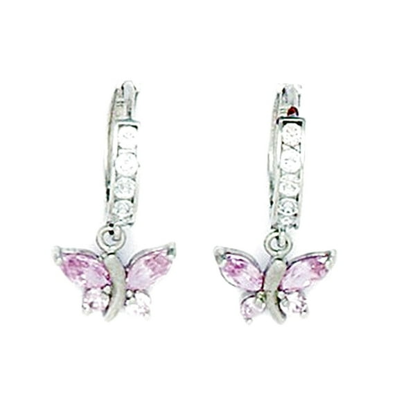 925 Sterling Silver Rhodium Plated Pink Cubic Zirconia Butterfly Angel Wings Drop Hinged Earrings 19x10mm Stud Earring f