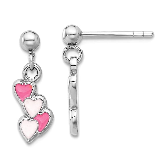 925 Sterling Silver Rhodium Plated Pink Enameled Love Hearts Mini Post Long Drop Dangle Earrings 16.5x5.5mm Wide Dangle