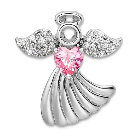 925 Sterling Silver Rhodium Plated Pink and Clear Cubic Zirconia Religious Guardian Angel Chain Slide Pendant 19.47x17.8