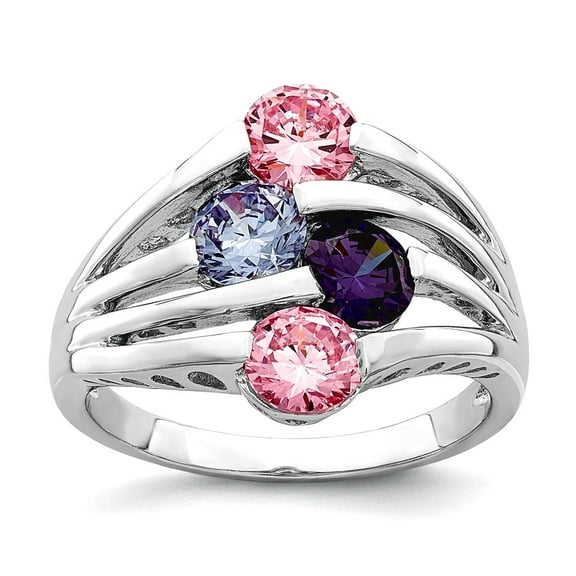 925 Sterling Silver Rhodium Plated Pink and Purple Cubic Zirconia 4-bar Ring Size 6 Ring for Women