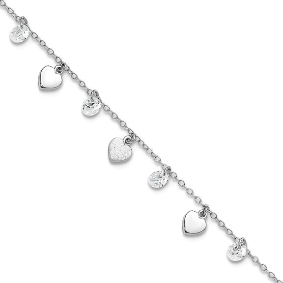 925 Sterling Silver Rhodium Plated Polish and Brushed Love Heart Pendant Necklace Cubic Zirconia Plus 1inext An 1.1mm Wi