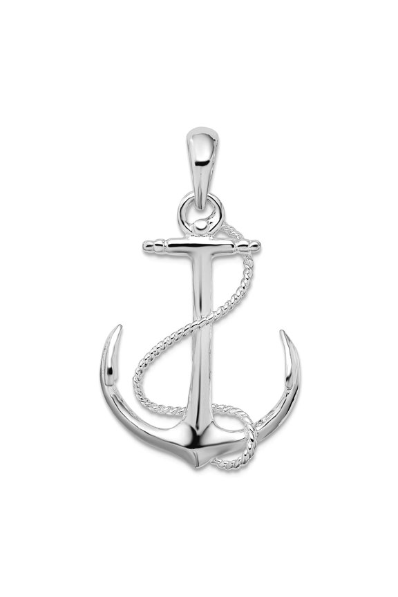 925 Sterling Silver Rhodium Plated Polished 3d Nautical Ship Mariner Anchor With Rope Pendant Necklace 32.25mm long Pend
