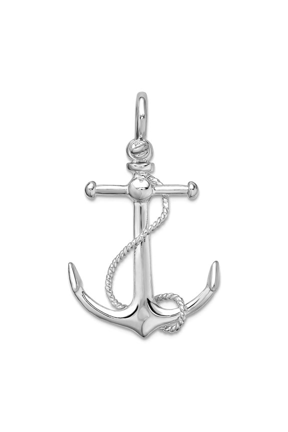 925 Sterling Silver Rhodium Plated Polished 3d Nautical Ship Mariner Anchor With Rope Pendant Necklace 32.62mm long Pend