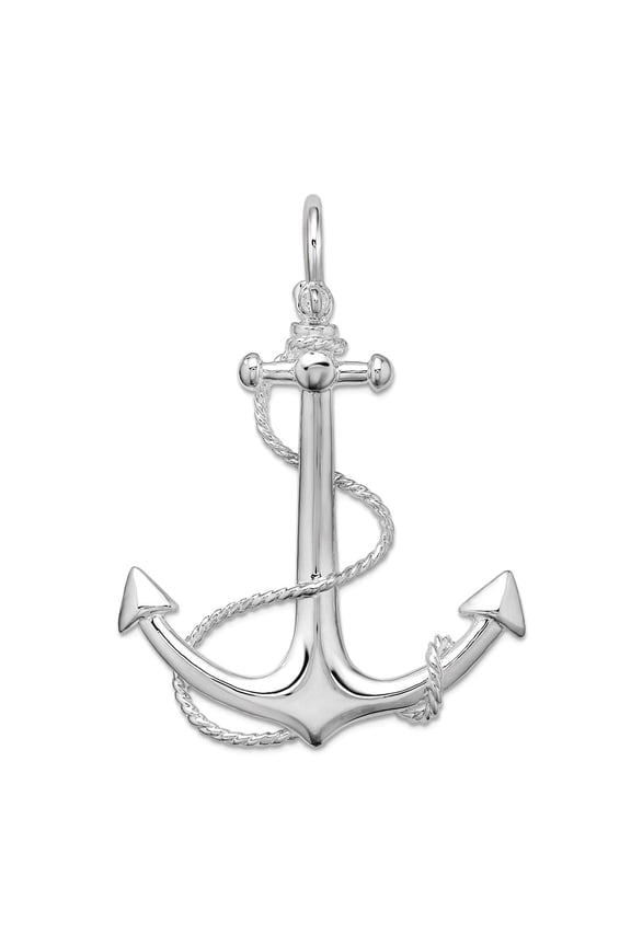 925 Sterling Silver Rhodium Plated Polished 3d Nautical Ship Mariner Anchor With Rope Pendant Necklace 47.05mm long Pend