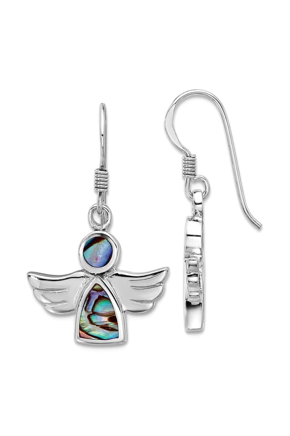925 Sterling Silver Rhodium Plated Polished Abalone Dangle Religious Guardian Angel Earrings 28.35x17.25mm Wide Dangle E