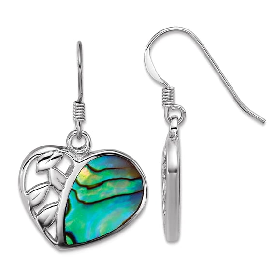 925 Sterling Silver Rhodium Plated Polished Abalone Love Heart Long Drop Dangle Earrings 27.7x17.8mm Wide Dangle Earring