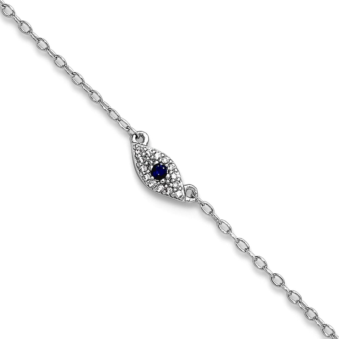 925 Sterling Silver Rhodium Plated Polished Blue and White Cubic Zirconia Eye Anklet 10 Inch 3.6mm Wide Anklet for Women