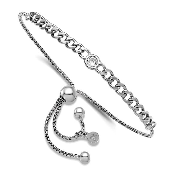 925 Sterling Silver Rhodium Plated Polished Cubic Zirconia Bolo Bracelet Link Bracelet for Women