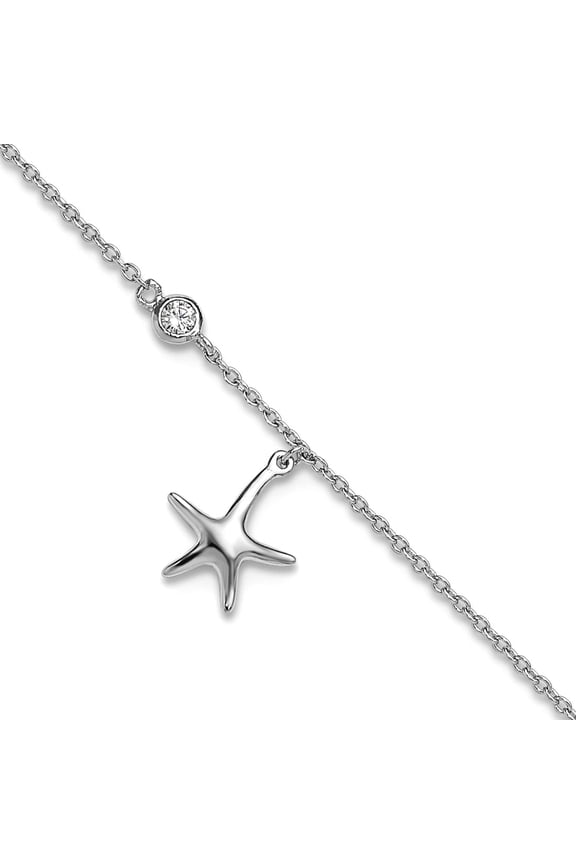925 Sterling Silver Rhodium Plated Polished Cubic Zirconia Sea shell Nautical Starfish Plus 1 In Extension Anklet 9 Inch