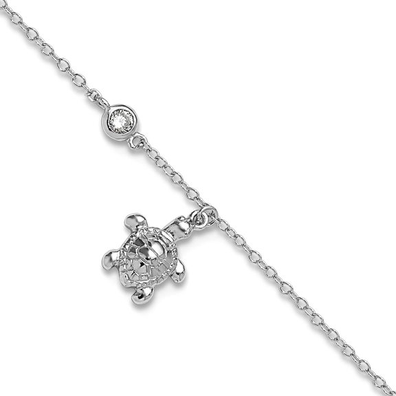 925 Sterling Silver Rhodium Plated Polished Cubic Zirconia Turtle Plus 1 In Extension Anklet 9 Inch 11.5mm Wide Anklet f