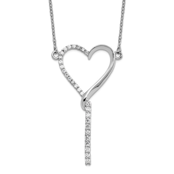 925 Sterling Silver Rhodium Plated Polished CZ Dangle Love Heart Pendant Necklace With 2.25 Inch Extens 16 Inch 29.6mm W