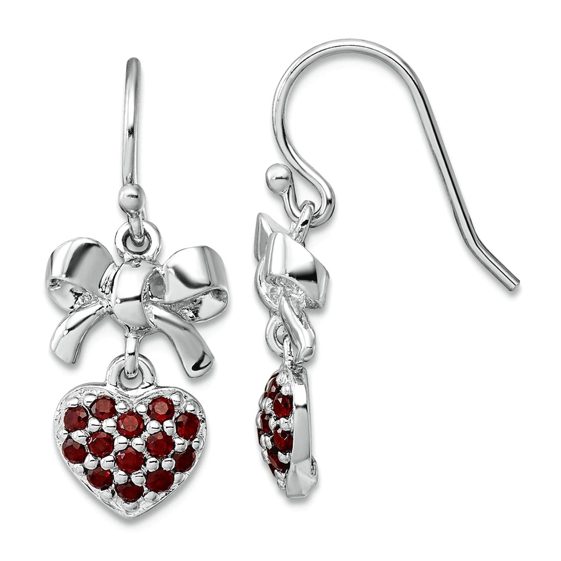 925 Sterling Silver Rhodium Plated Polished Garnet Love Heart Bow Shepherd Hook Earrings 22x10.7mm Wide Stud Earring for