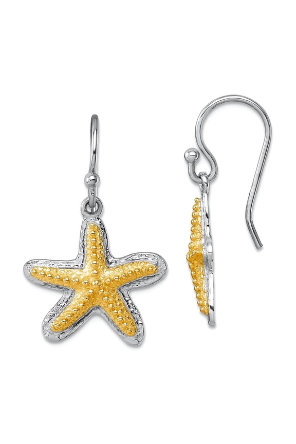 925 Sterling Silver Rhodium Plated Polished Gold-tone Star Animal Sealife Fish Long Drop Dangle Earrings 28x17mm Wide Da