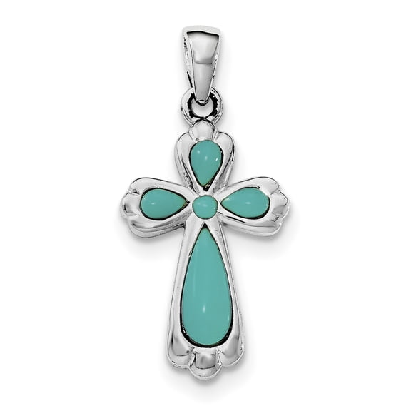 925 Sterling Silver Rhodium Plated Polished Imitation Turquoise Cross Shaped Pendant