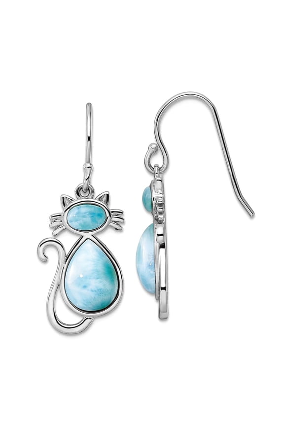 925 Sterling Silver Rhodium Plated Polished Larimar Cat Long Drop Dangle Earrings 32.25x13mm Wide Dangle Earring for Wom