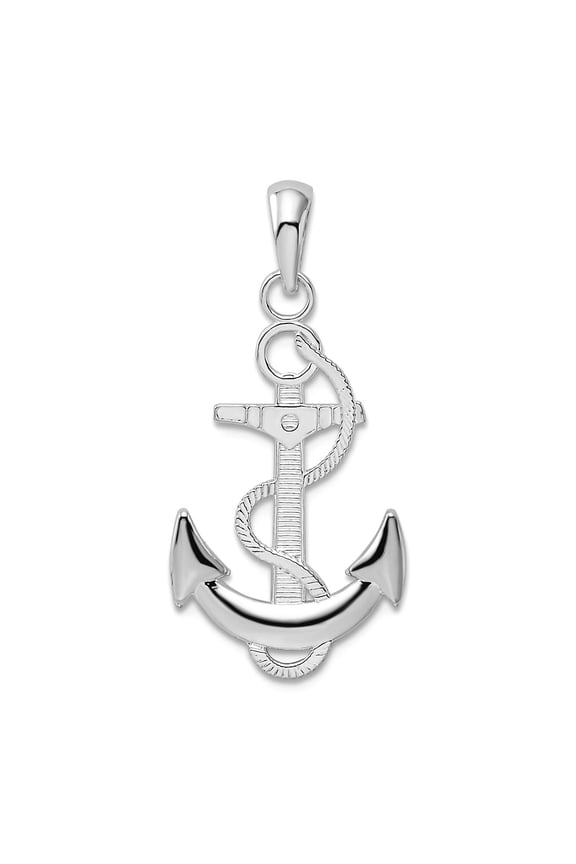 925 Sterling Silver Rhodium Plated Polished Nautical Ship Mariner Anchor With Rope Pendant Necklace 29.17mm long Pendant
