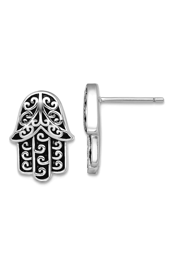 925 Sterling Silver Rhodium Plated Oxidized Hamsa Hand of God Stud Earrings 13x10mm 13.1mm long Stud Earring for Women