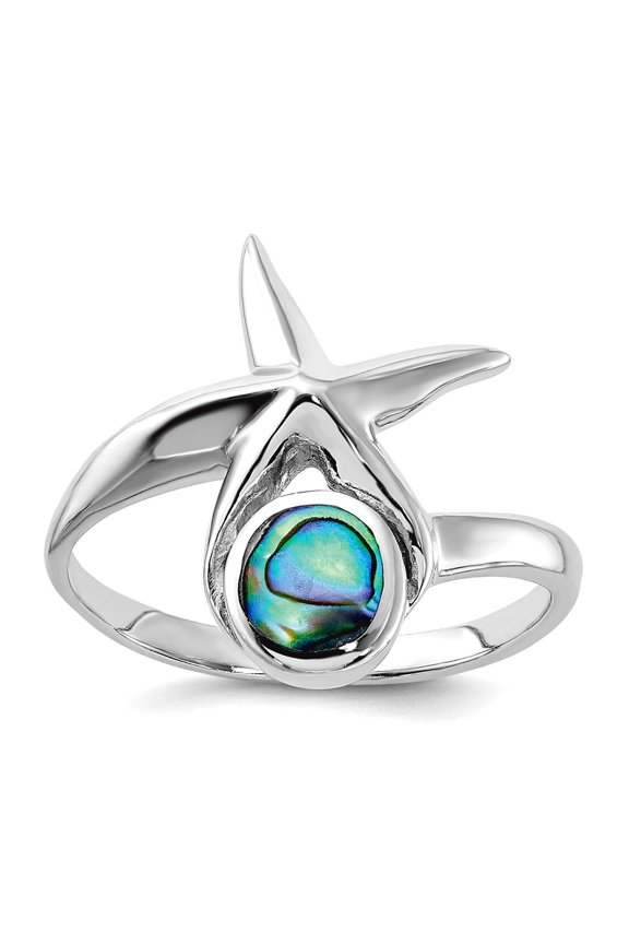 925 Sterling Silver Rhodium Plated Polished Round Abalone With Sea shell Nautical Starfish Ring Size 7 1.75mm Wide Ring