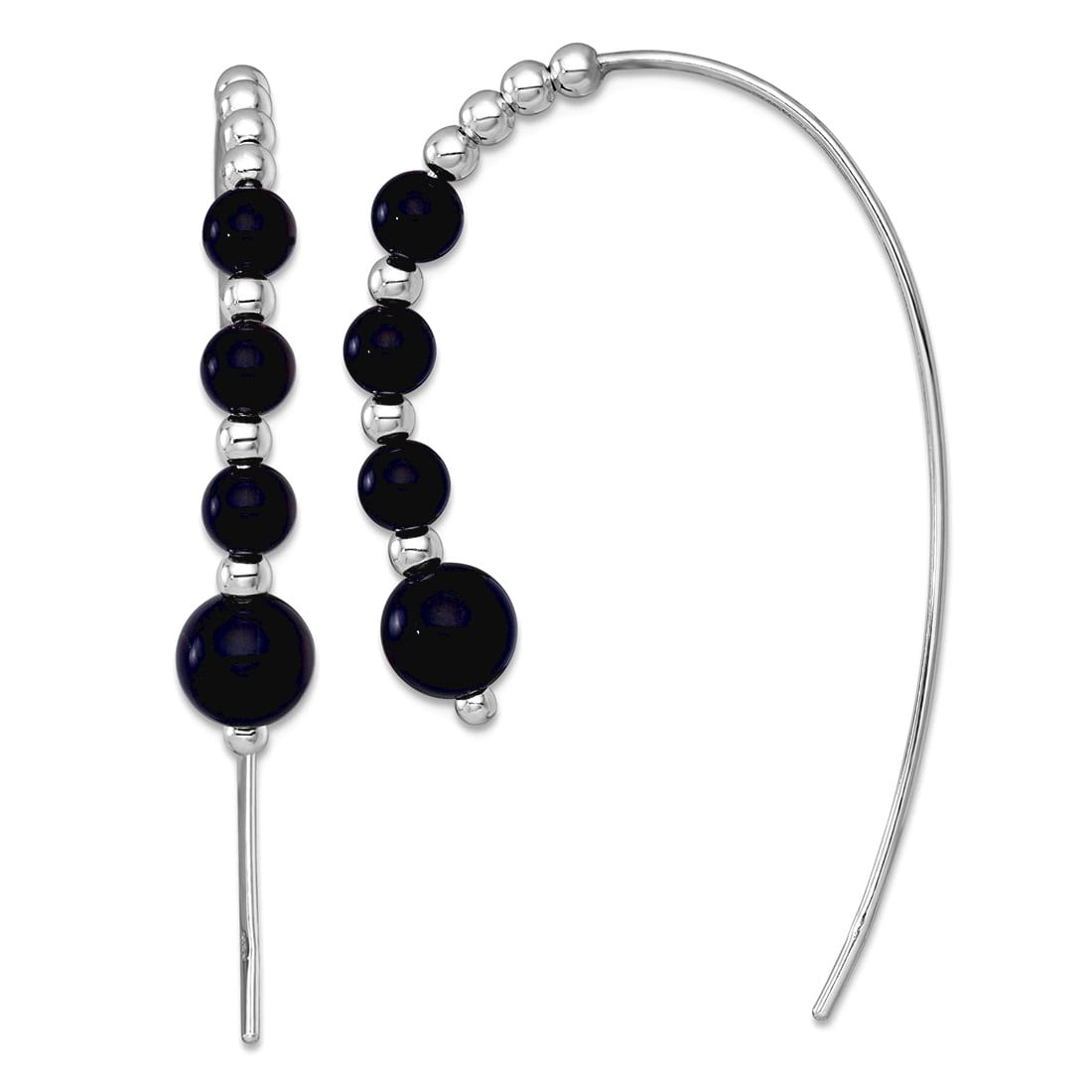 925 Sterling Silver Rhodium Plated Polished Simulated Onyx Beaded Threader Earrings 45.9x6.3mm Wide Stud Earring for Wom