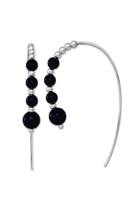 925 Sterling Silver Rhodium Plated Polished Simulated Onyx Beaded Threader Earrings 45.9x6.3mm Wide Stud Earring for Wom