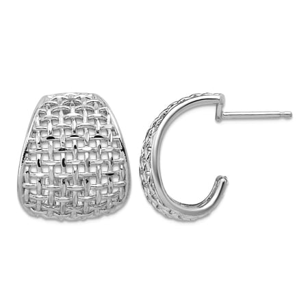 925 Sterling Silver Rhodium Plated Polished Sparkle-Cut Woven Pattern J-hoop Earrings Po 19x17mm Wide Hoop Earring for W