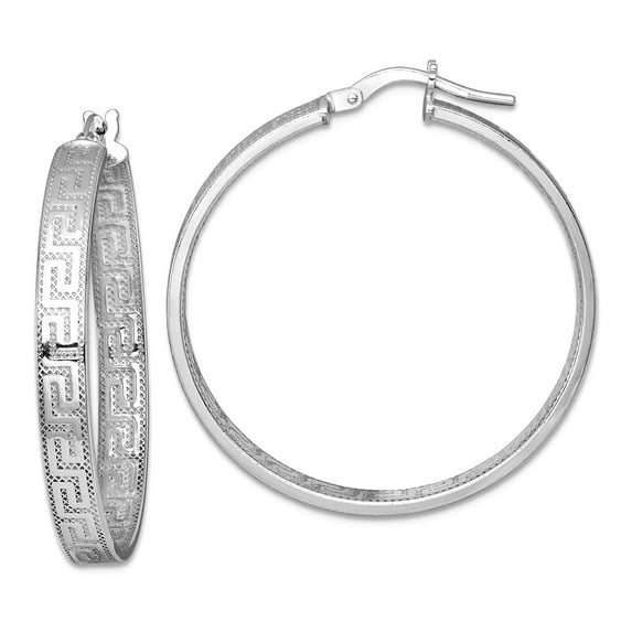 925 Sterling Silver Rhodium Plated Polished Textured Greek Key Hoop Earrings 35.45x33.2mm Wide 4mm Thick Hoop Earring fo