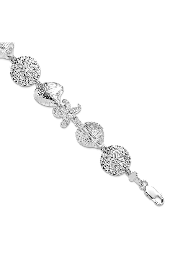 925 Sterling Silver Rhodium Plated Polished Turtle Shell Starfish Clam Bracelet 7.25 Inch Link Bracelet for Women