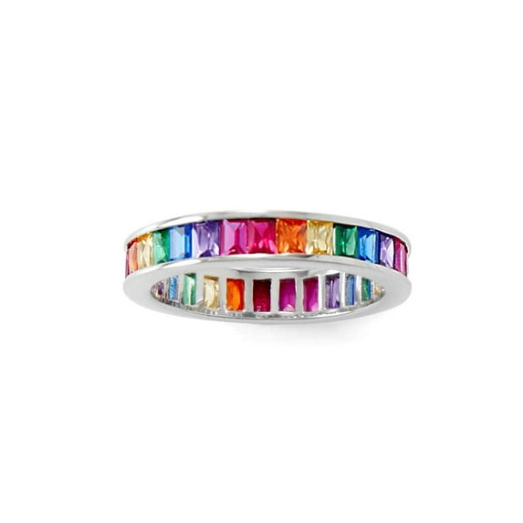 925 Sterling Silver Rhodium Plated Rainbow CZ Ring CZ Eternity in 3mm X 2mm Baguette CZs 4mm Band Size Eternity Ring for