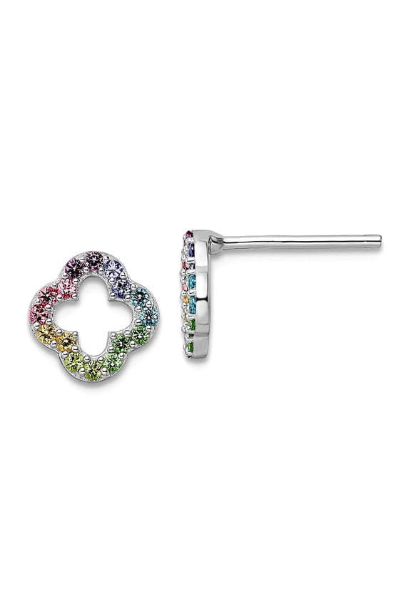 925 Sterling Silver Rhodium Plated Rainbow Crystal Clover Post Earrings 8.62x8.74mm Wide Stud Earring for Women