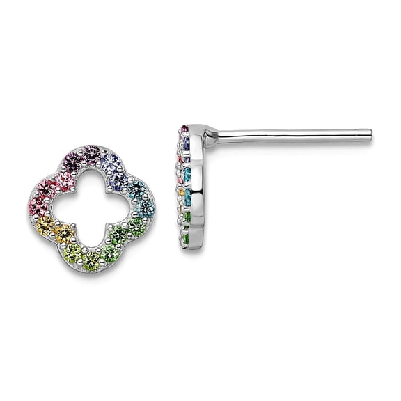 925 Sterling Silver Rhodium Plated Rainbow Crystal Clover Post Earrings 8.62x8.74mm Wide Stud Earring for Women