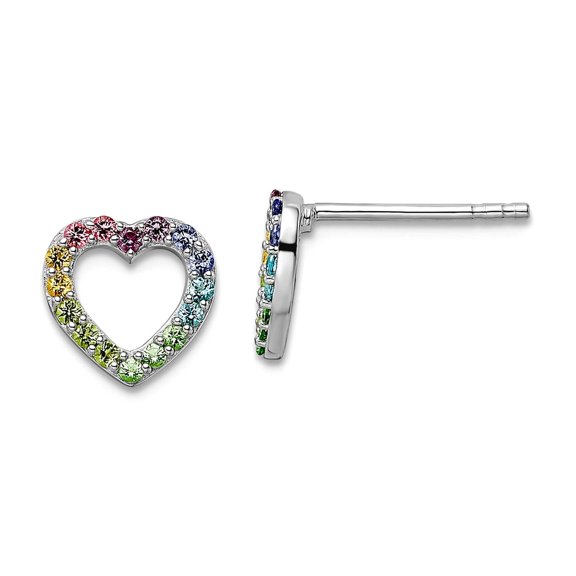 925 Sterling Silver Rhodium Plated Rainbow Crystal Open Love Heart Post Earrings 8.73x8.9mm Wide Stud Earring for Women