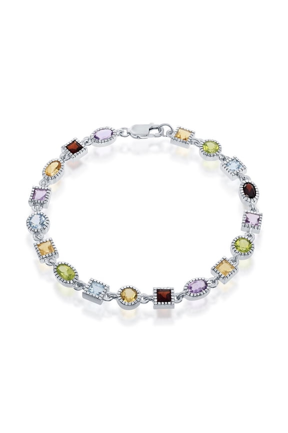 925 Sterling Silver Rhodium Plated Rainbow Multi Colored Gemstone Garnet, Peridot, Amethyst, Citrine, and Blue Topaz 7 Link Bracelet Jewelry for Women or Teens